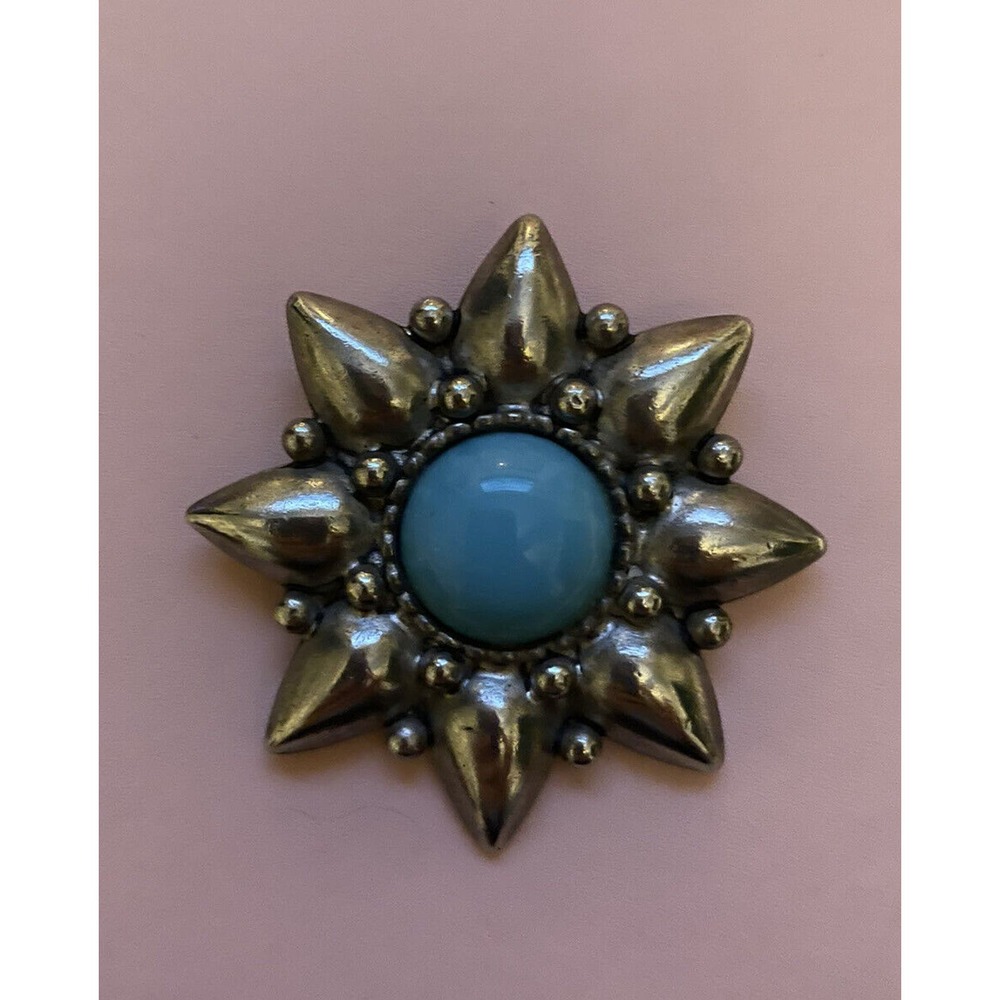 Vintage Gerard YOSCA Flower Pin Silver Tone Faux Turquoise Brooch